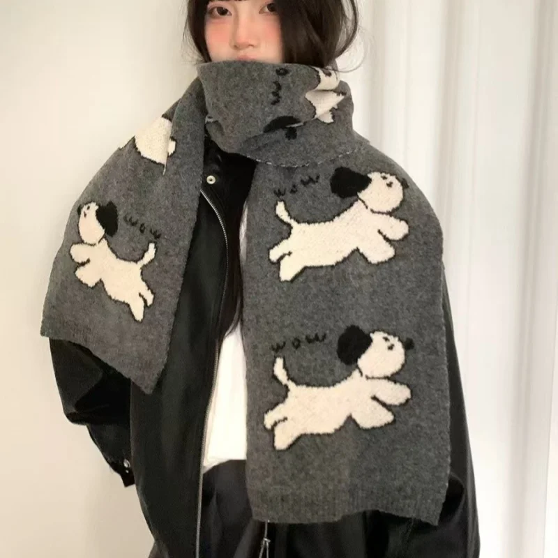 

New Japanese Versatile Cute Cartoon Dog Knitted Scarf With Wool For Women Korean Edition Warm Neck For Cold Protection