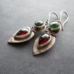 Vintage Red Green Stone Drop Earrings Lovely Jewelry Silver Color Teardrop Statement Dangle Earrings for Women Accessories