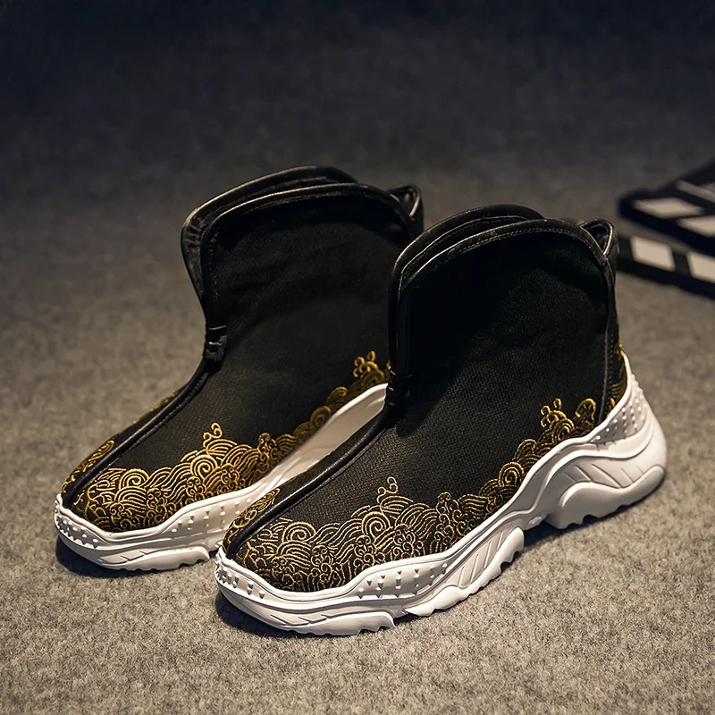 

Retro Ethnic Embroidered Gold Thread High Top Men's Boots Casual Shoes Tang Costume Style Thick Bottom Rubber Sole