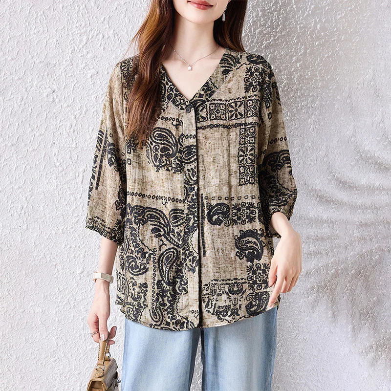 

Женская одежда больших размеров, стильная солнцезащитная рубашка с v-образным вырезом и половиной рукавов для женщин, летний повседневный свободный утягивающий топ с принтом в стиле ретро