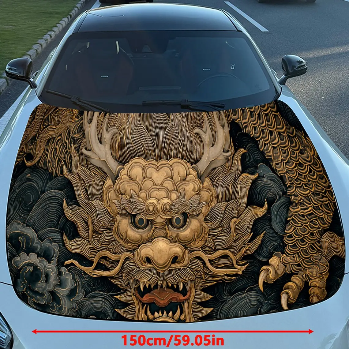 Dynamic Gilt Auspicious Dragon PVC Car Hood Wraps, Self-Adhesive Waterproof Car Bonnet Decal Sticker, Car Decoration Protection