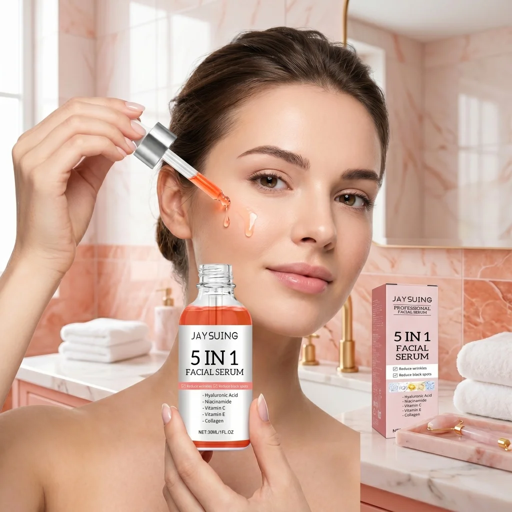 JAYSUING 5 In 1 Facial Serum Hydrating Brightening Face Essence Hyaluronic Acid Niacinamide VC VE Collagen 30ml Daily Skin Care