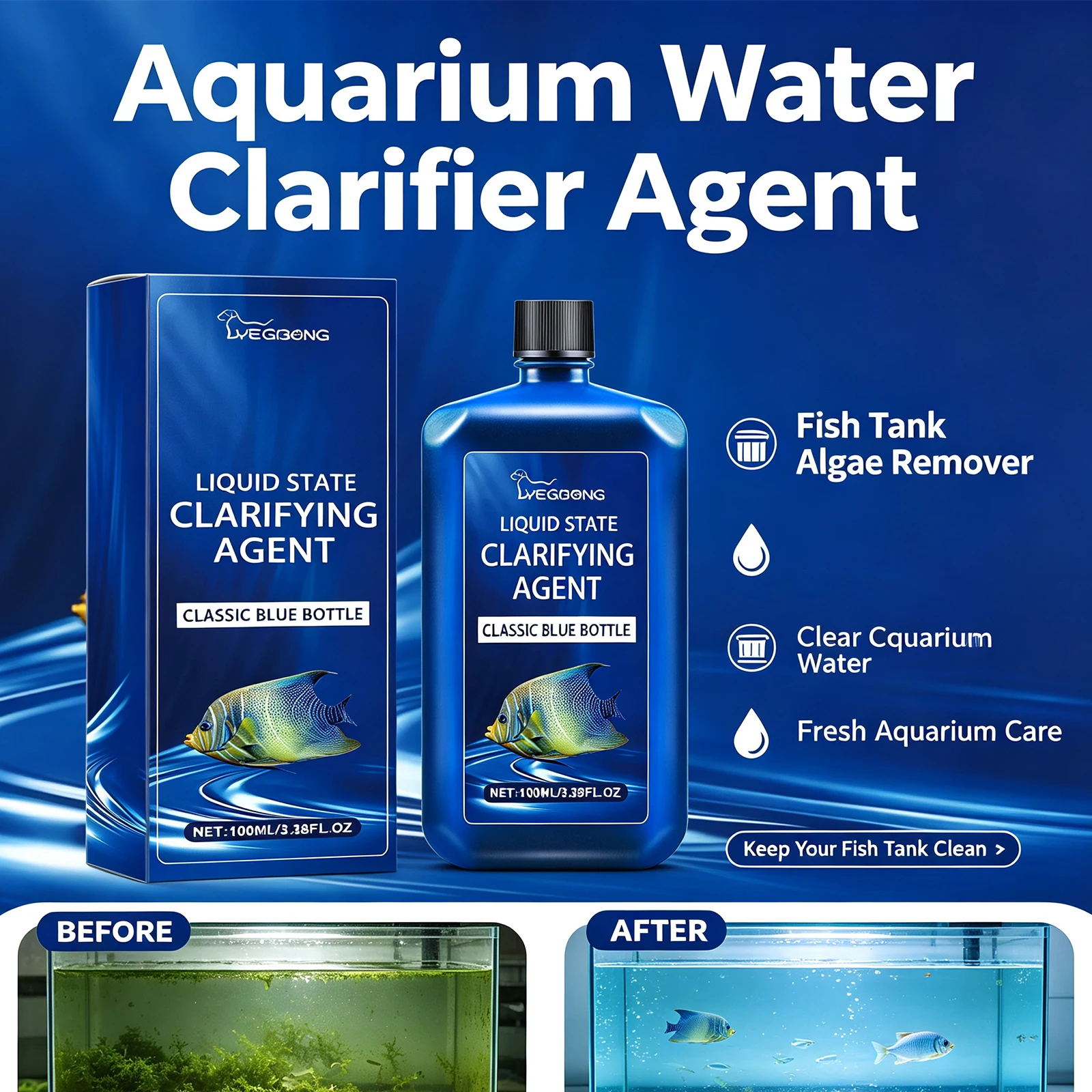 Aquarium Water Clarifier Agent Fish Tank Algae Remover Decompose Organic Matter Balance Oxygen Level Keep Clear Water 100ml