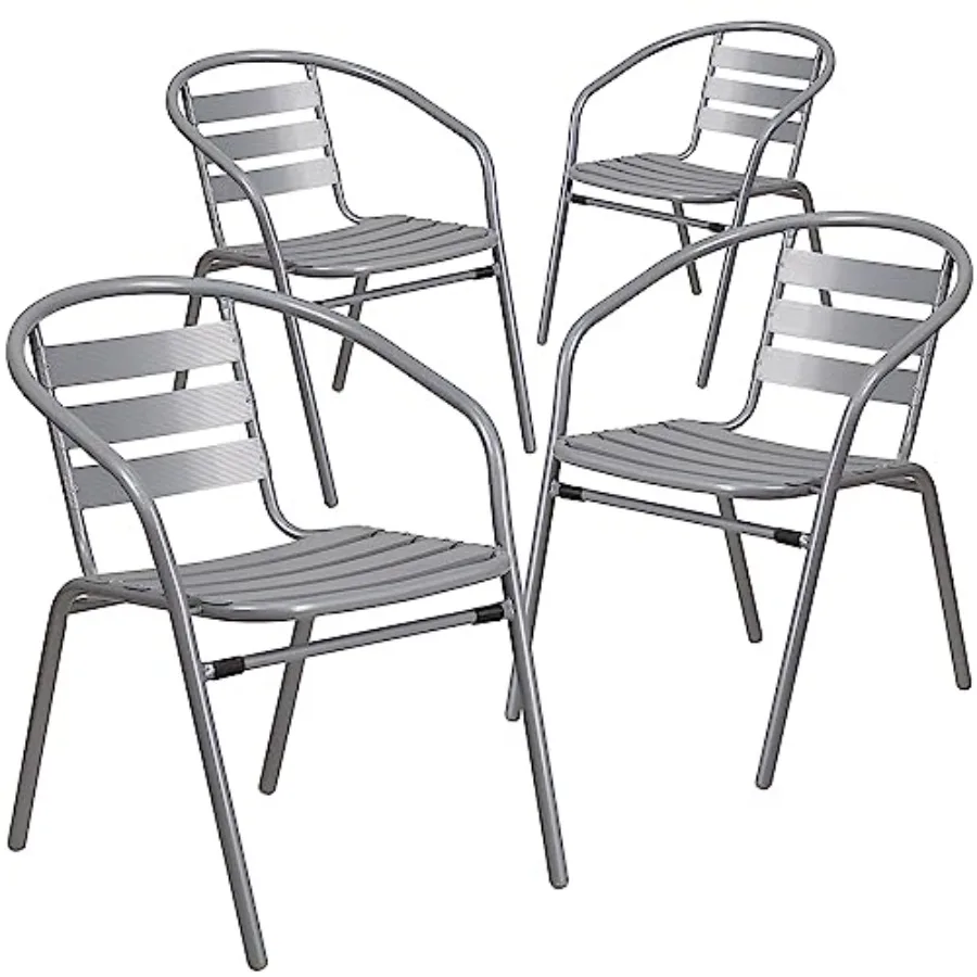 Lila - Paquete de 4 Sillas Apilables de Metal Plateado para Restaurante con Listones de Aluminio para Comedor Interior, Color Plateado, Listones de Aluminio Duraderos