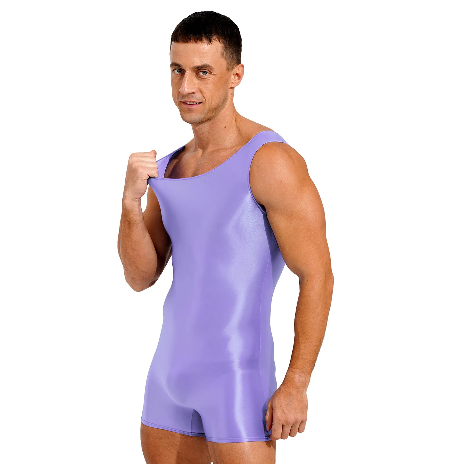 Mens Solid Color Swimsuit One Piece Swimwear Fitness Glossy Oilly Shiny Sleeveless U Neck Tank Leotard Swim Bodysuit Jumpsuit