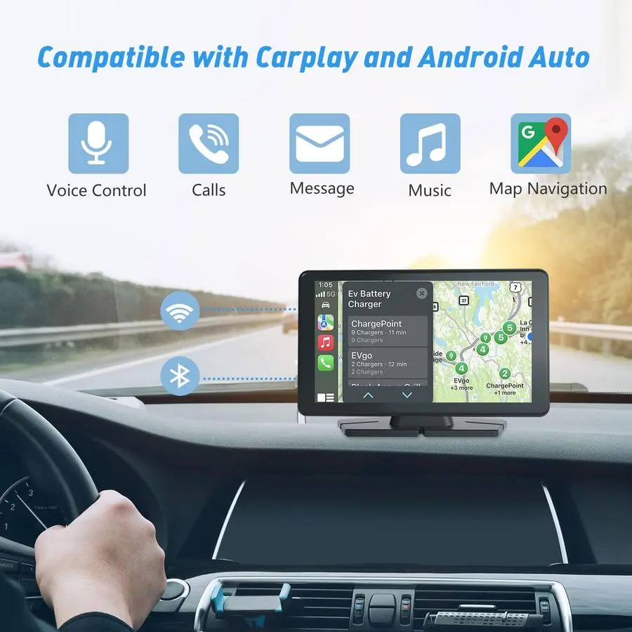 Écran HD Carplay pour voiture, stéréo portable sans fil Apple Android Auto Car Play avec commande vocale, caméra de recul, lien miroir,