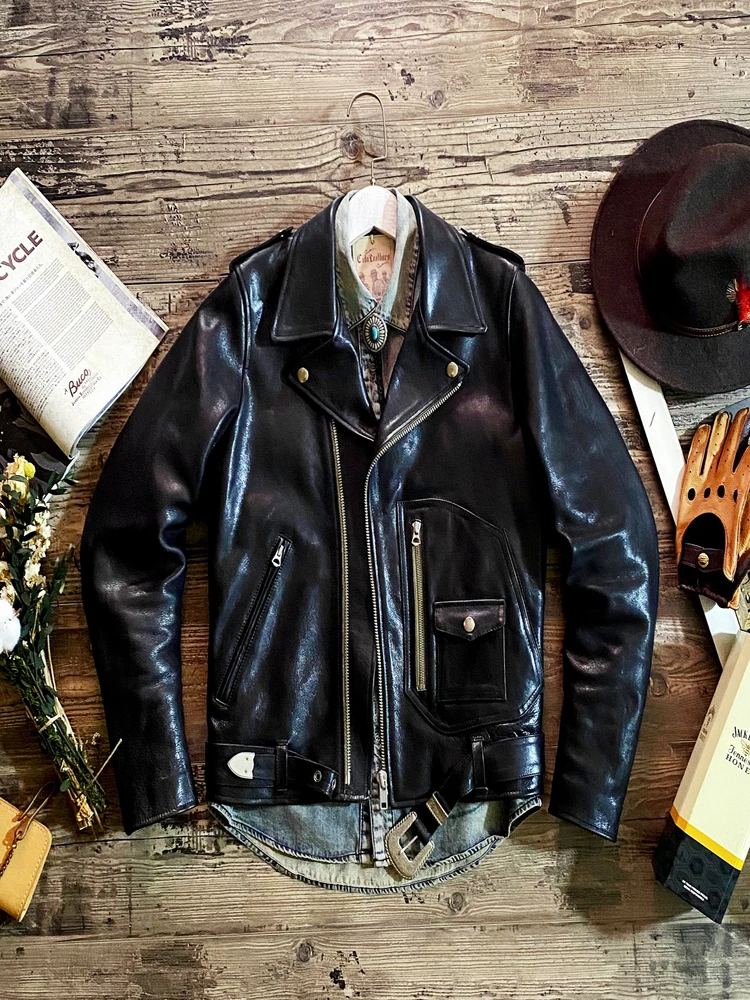 

YR!Free shipping.Luxury Italy tanned 1.3mm thick cowhide leather jacket.Men Classic Motor Rider JW02 coat.Brand new