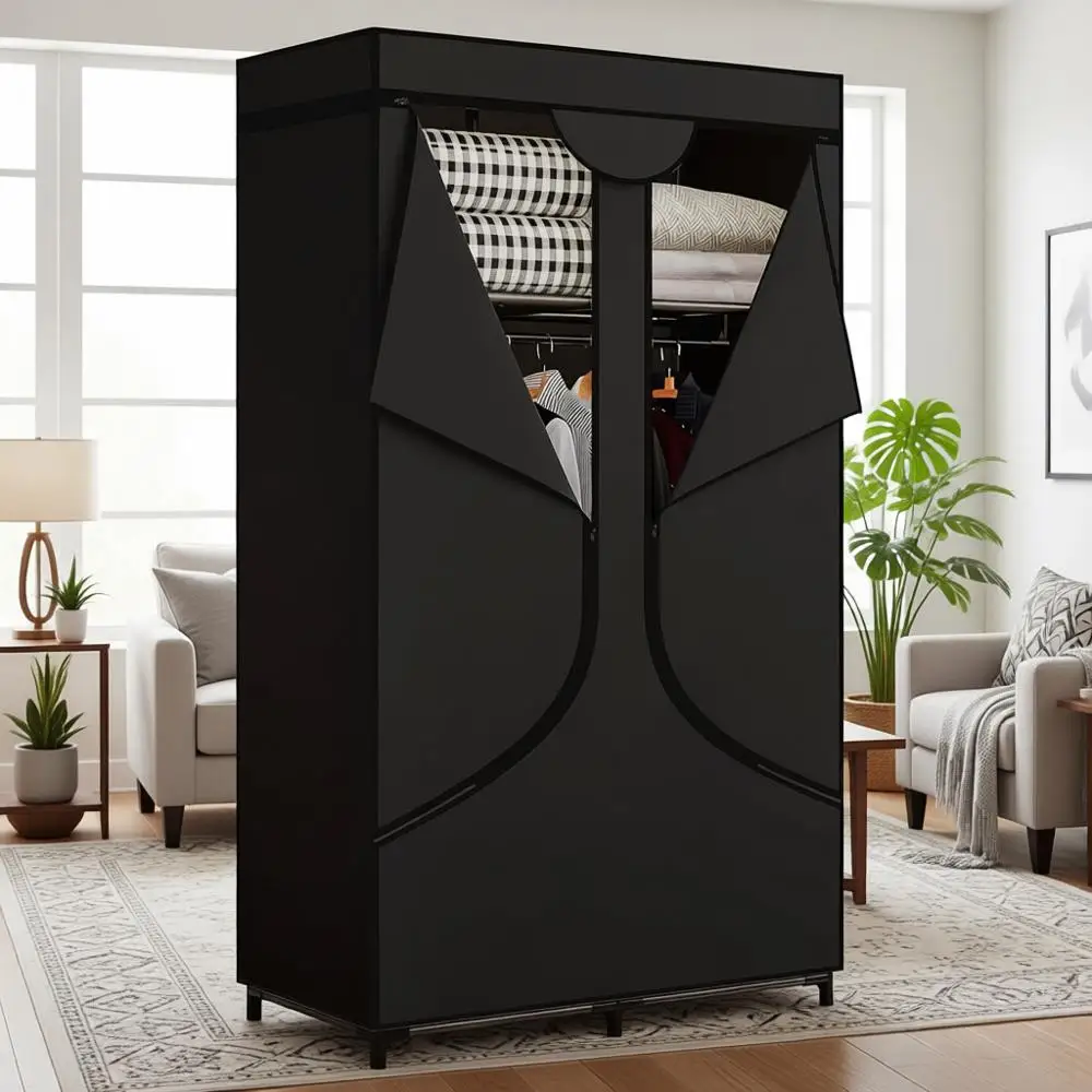 

34 Inch Black Metal Portable Wardrobe Closet Organizer with Non-Woven Fabric Storage