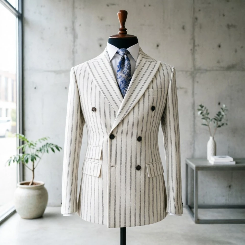 Double Breasted Striped Men Suits Men Vintage Sage Green Double Breasted Pinstripe Suit Slim Fit Formal Blazer for Groom Wedding