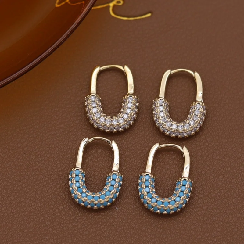 

Korean new design fashion jewelry 14K gold plated simple U-shaped blue zircon earrings elegant women's daily work accessories