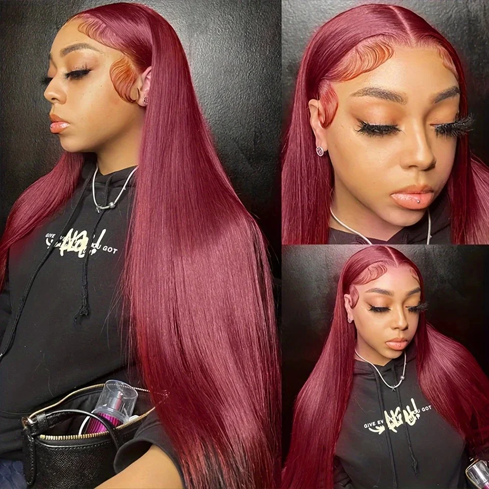 

13x4 Lace Frontal Wig Human Hair Straight Wine Red Burgundy Pre Plucked 220 Density Transparent Lace Front Wigs For Women 99J