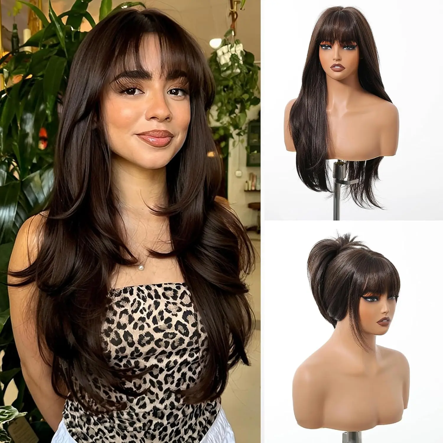 

Dark Brown Layered Wig Wigs with Bangs Brown Straight Wigs For Women Synthetic Layered Cut Heat Resistant Glueless Wigs 24inch