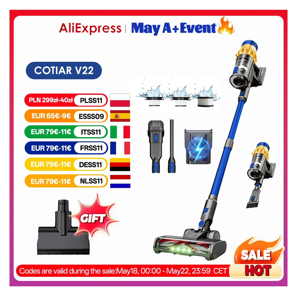 COTIAR V22 650W aspirateur sans fil 55kPa puissance d'aspiration aspirateur sans brosse capacité 1,2 l affichage LED pour tapis de sol poils d'animaux