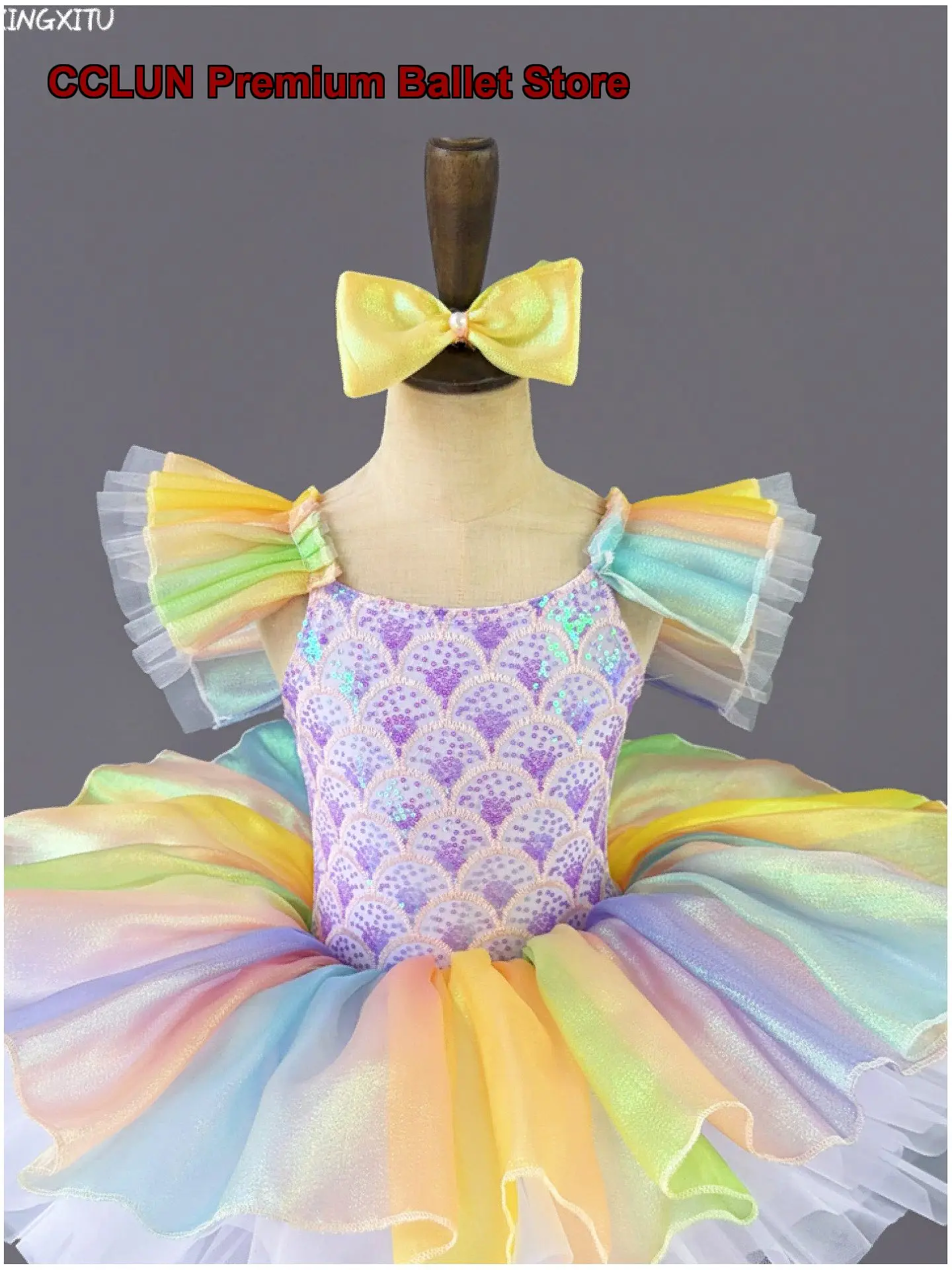 Children's Tutu Sequin Rainbow Princess Dress Performance Costume Girls' Little Swan Puffy Tulle Skirt Kids