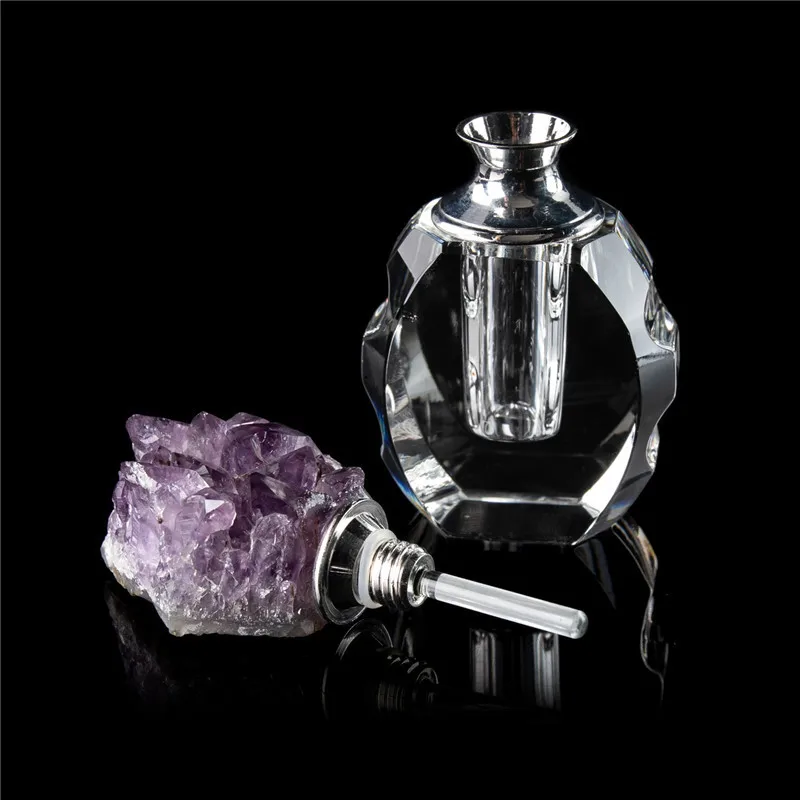 

Small Healing Crystals Cluster Glass Perfume Bottle Ore Rock Amethyst Oil Diffuser Bottle Meditation Aromatherapy Room Ornaments