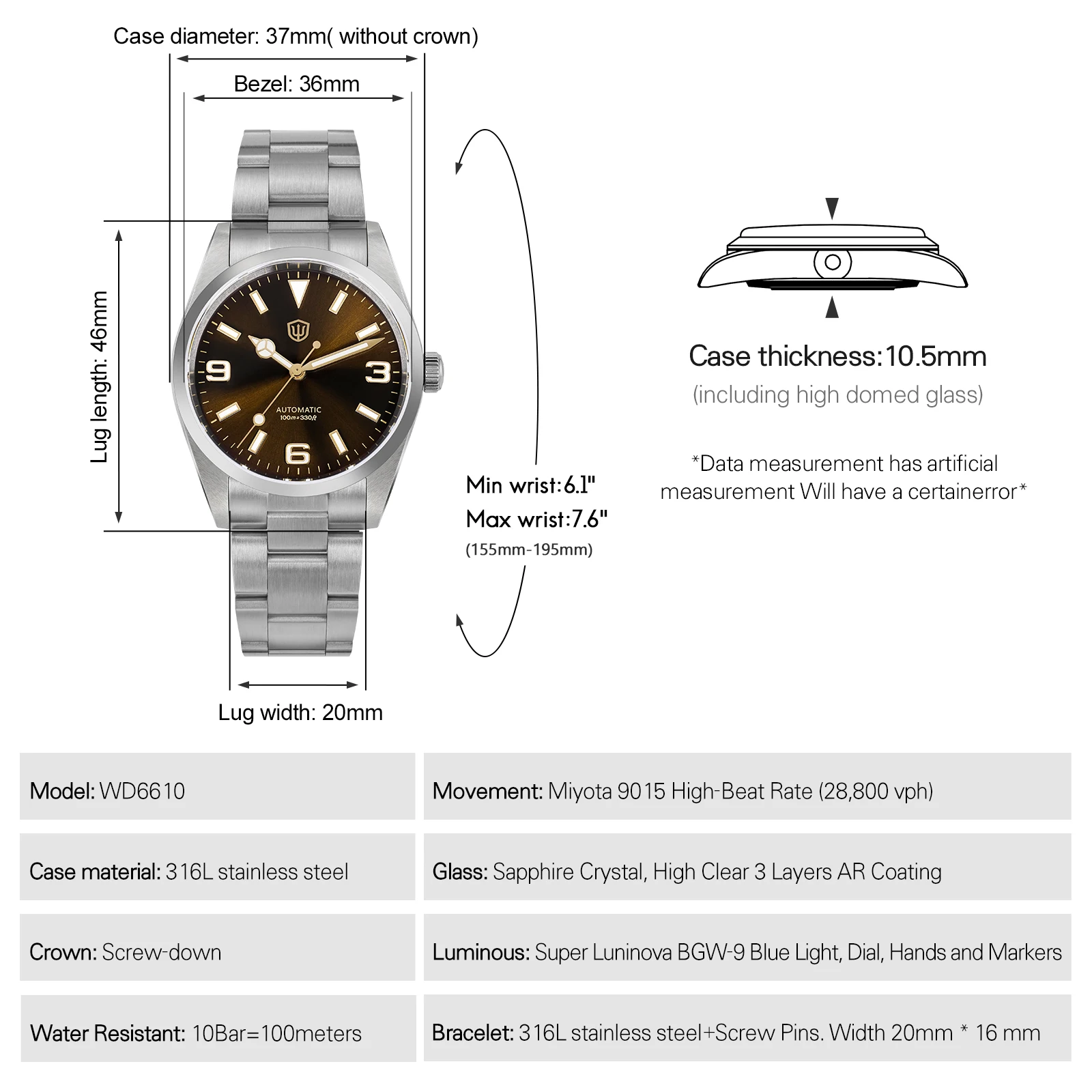 Watchdives wd6610 relógio de luxo miyota 9015 movimento relógio mecânico aço inoxidável 100m à prova dwaterproof água relógio de pulso safira