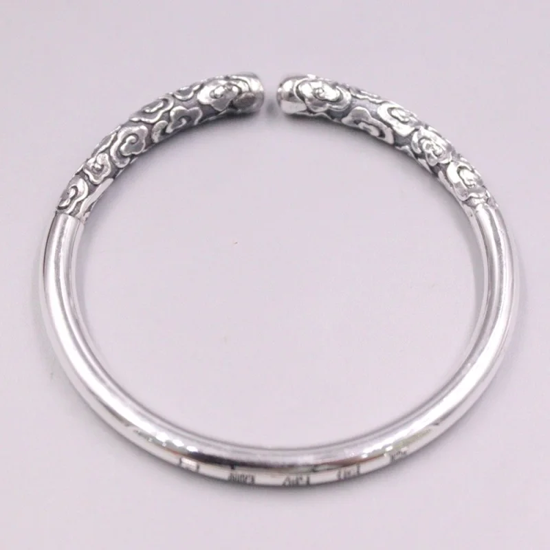 Real Pure 999 Fine Silver Bangle Women Lucky Carved Cloud Cuff Bracelet 60-61g