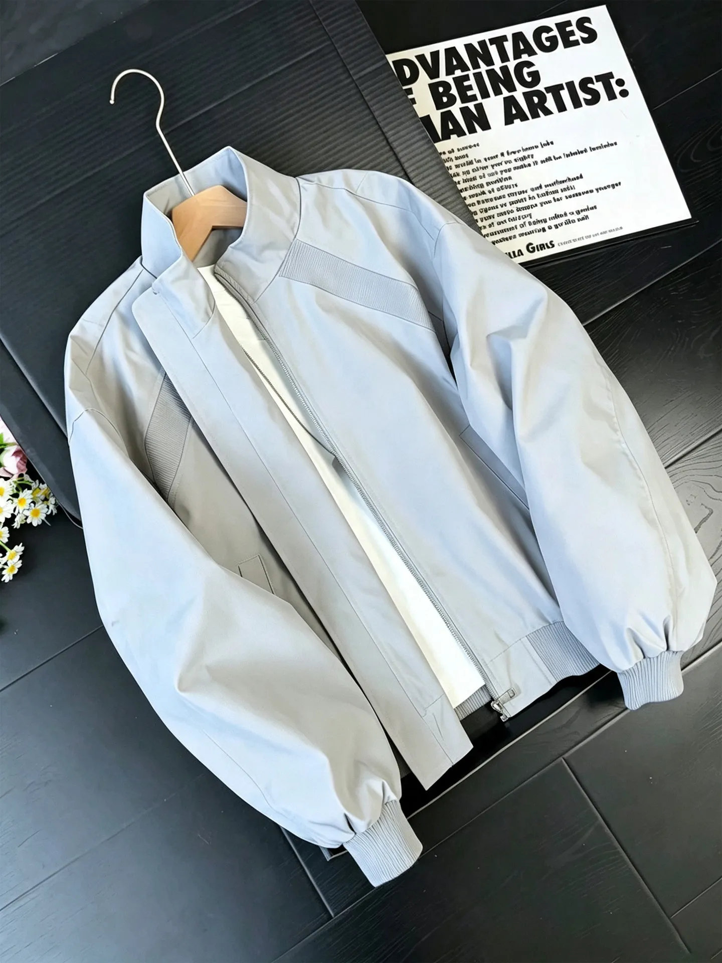 Light Grey Deconstructed Patchwork Men's Baseball Jacket Short Style American High Street Couple's Outerwear for Autumn