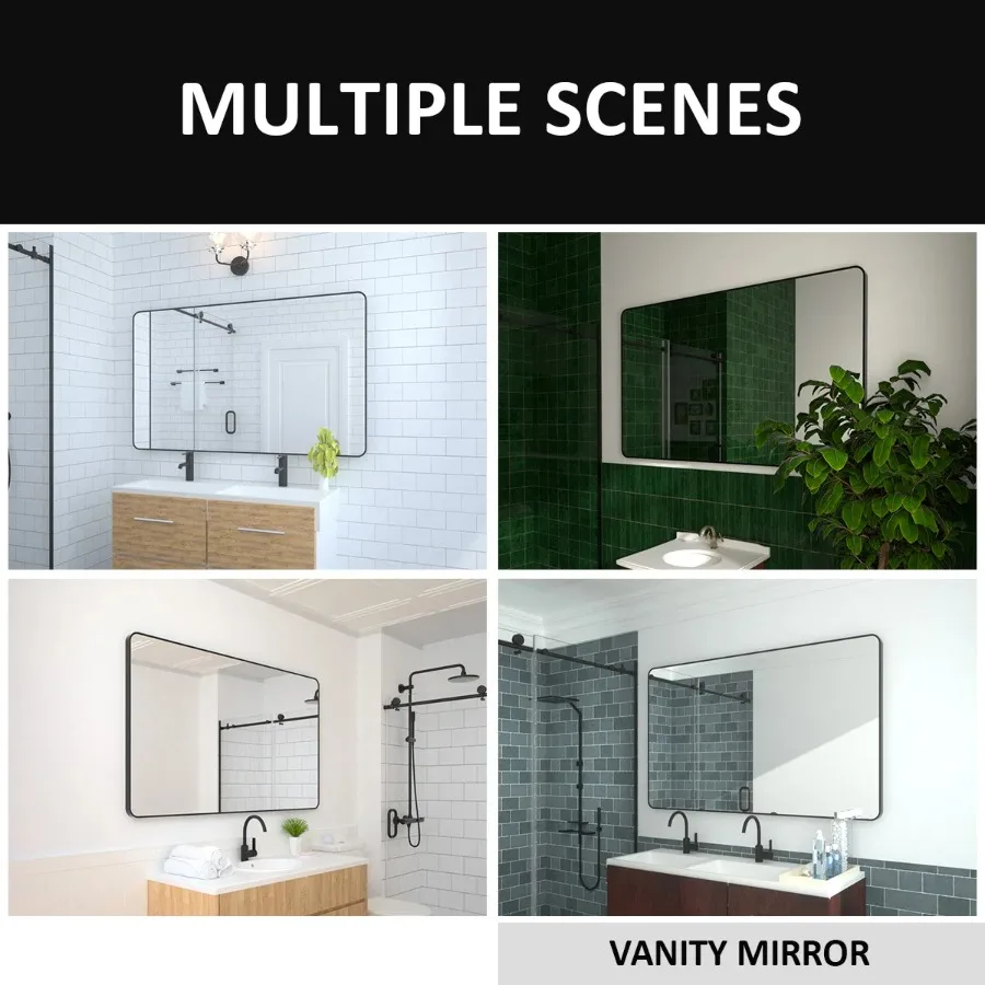 60x36 In. Aluminum Framed Rounded Rectangle Bathroom Wall Mirror Matte Black Vanity Mirror Anti-Rust Tempered Glass Hangs Horiz