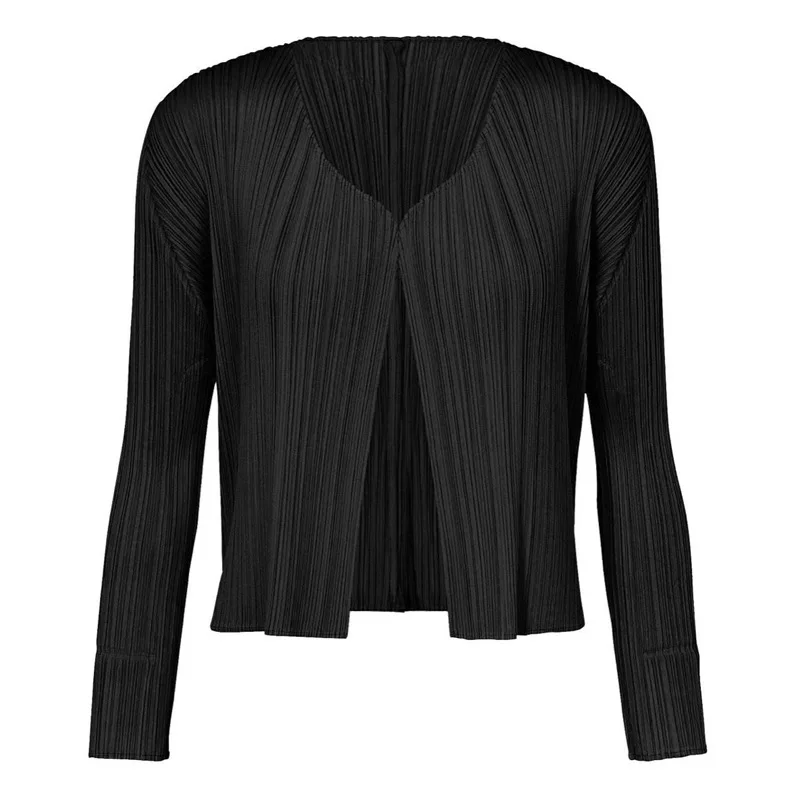 ISSEY Basic Slim-Fitting Solid-Ruffled Short Coat with Open-Back Blazer in Lightweight Material
