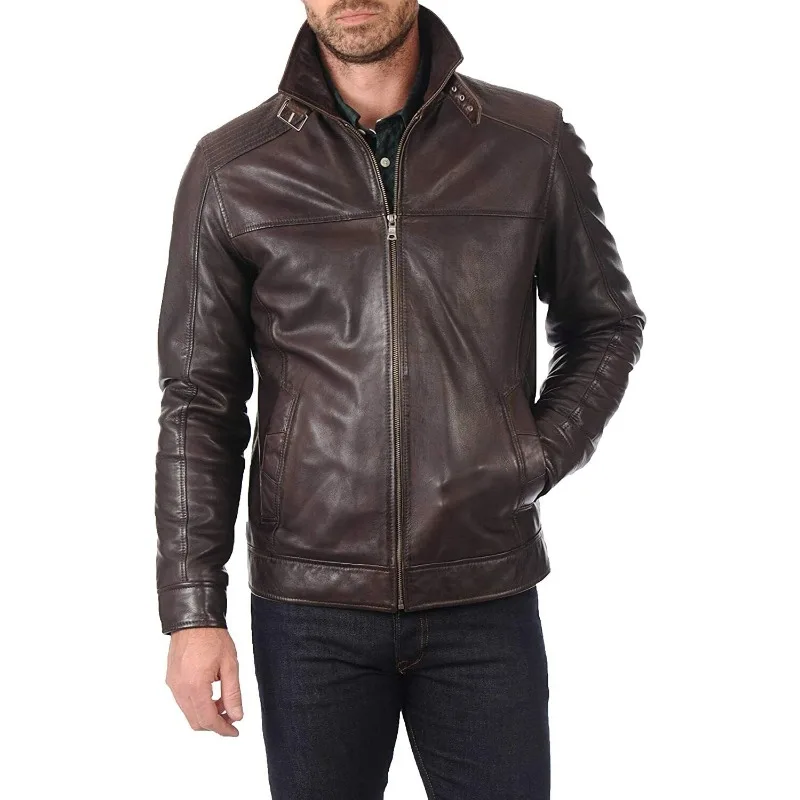 

Men's Brown Urban Leather Jacket Natural Authentic Lambskin Pockets Zipper Biker