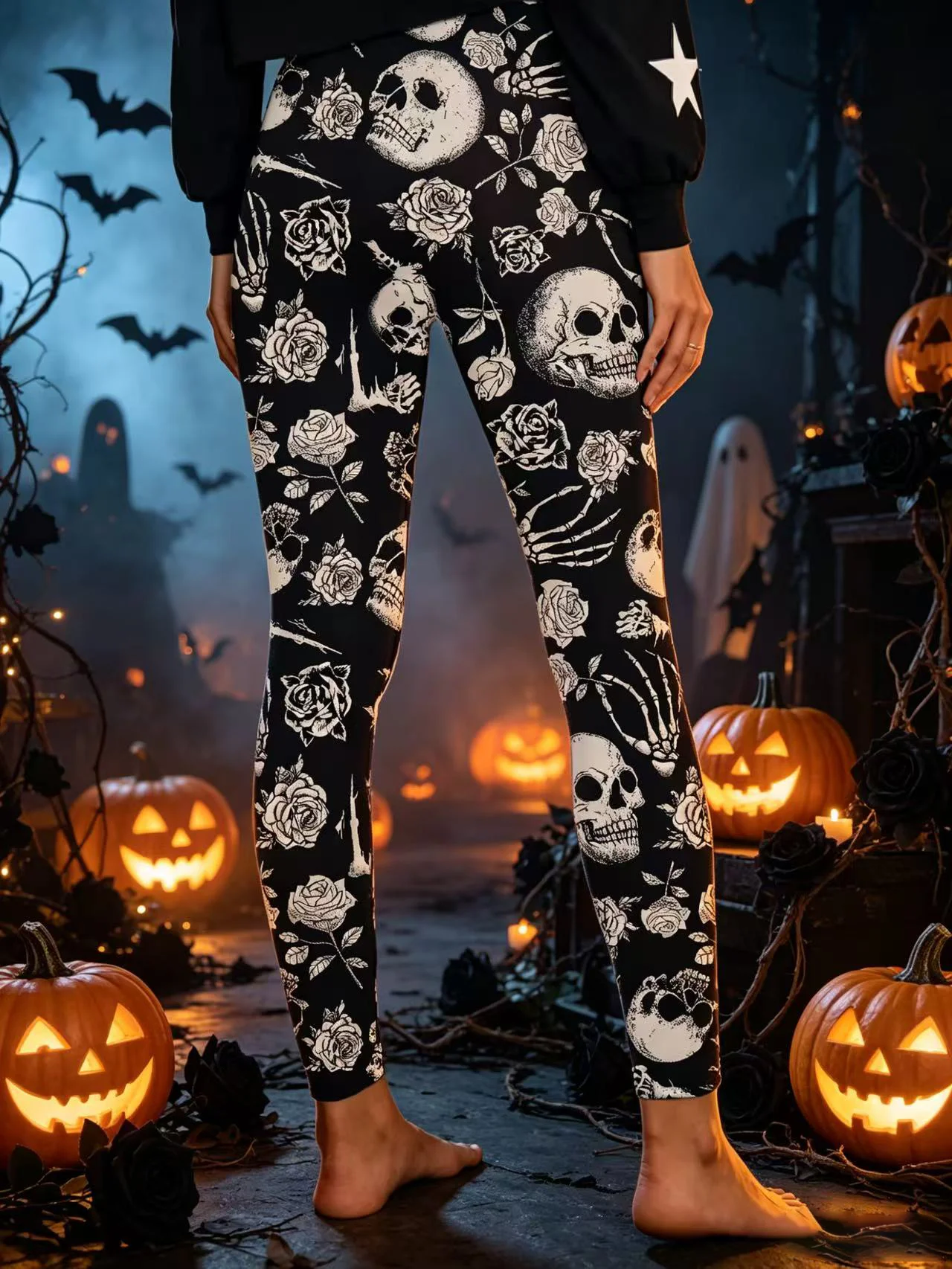 Women's Fashion Floral Print Halloween Style Ladies Fashion Pants Skinny Leggings