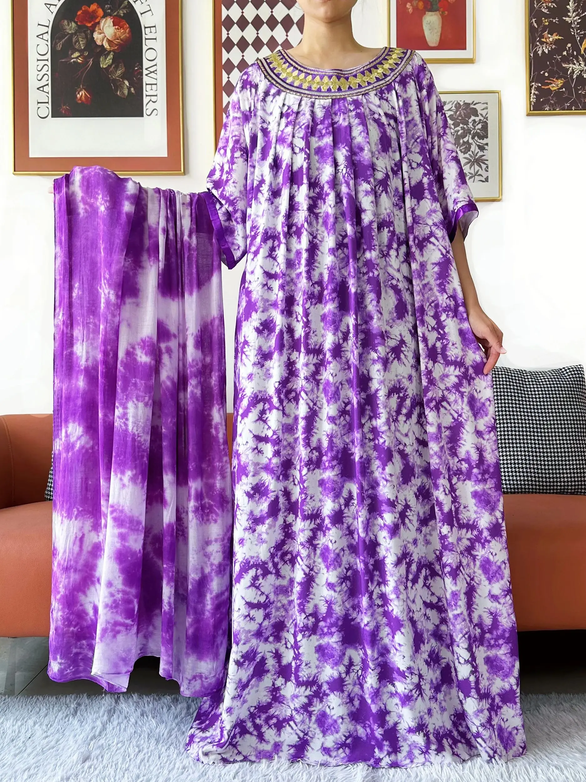 Kashkha أنيقة عباية فستان قصير الأكمام التعادل صبغ القطن المرأة فضفاض عباية بوهو فستان ماكسي فساتين راقية غير رسمية الأفريقية