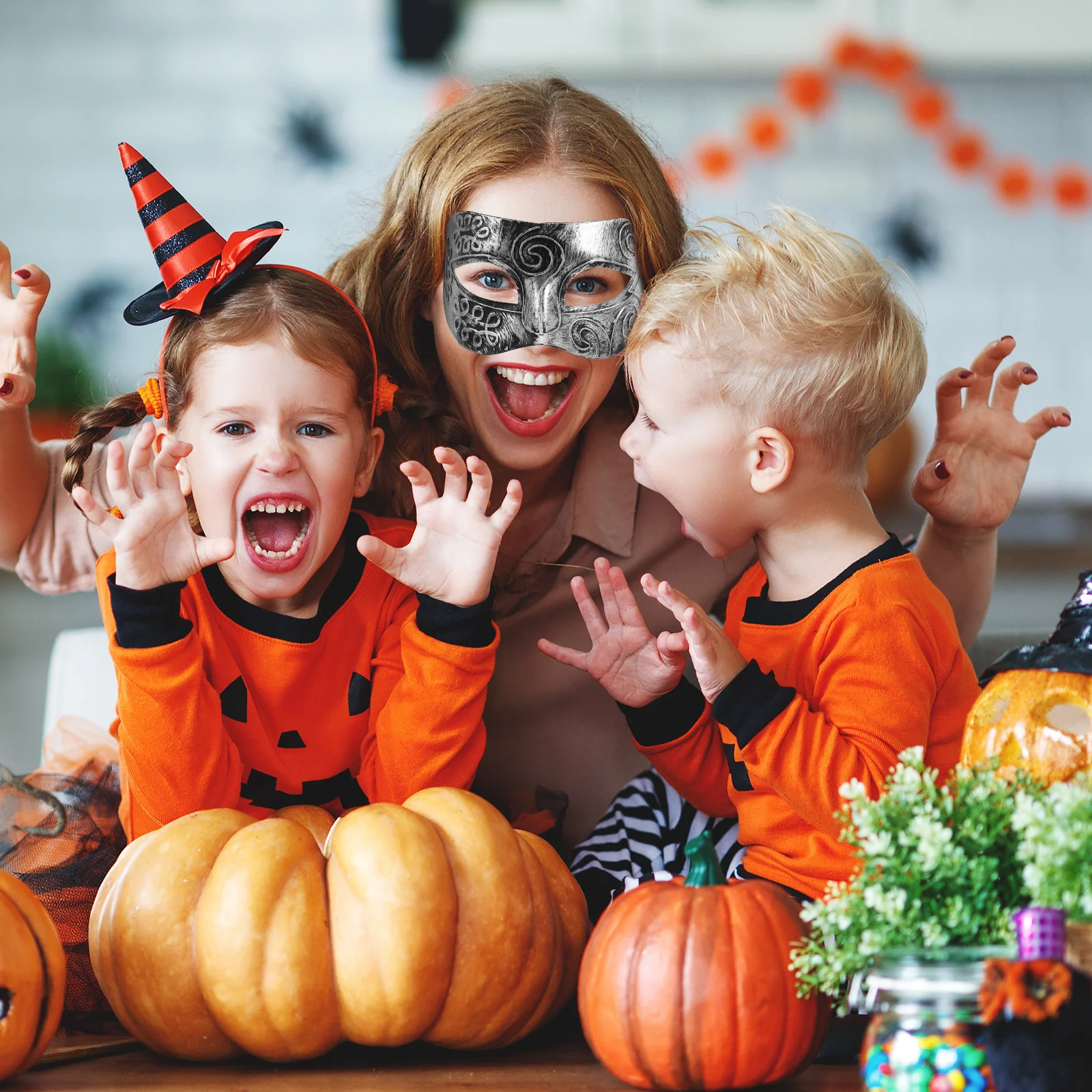 Masque facial de mascarade pour hommes, Style combattant romain, argent, bande élastique en plastique dur Durable, parfait pour Halloween, bal masqué fantaisie