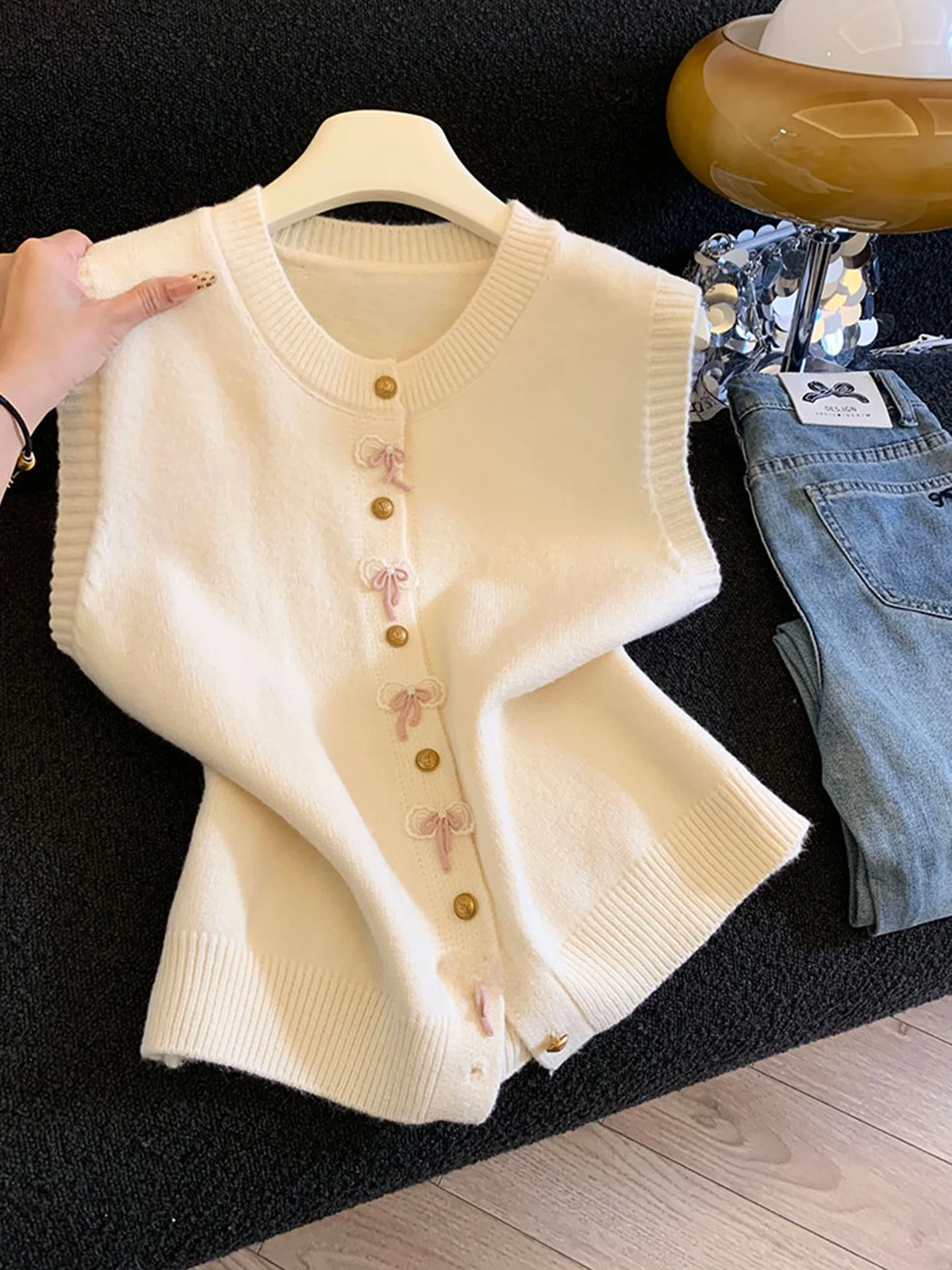 

Emily Clud Knot Buttonl Knitted Open Cardigan Vest Women's Faion Layering Top round Ne Svel Knitwear