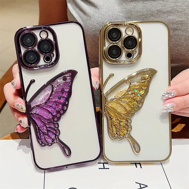 Funda de silicona suave a prueba de golpes para iPhone, carcasa de lujo con purpurina transparente, arena movediza y mariposa para iPhone 16 Pro Max 15 14 13 12 11