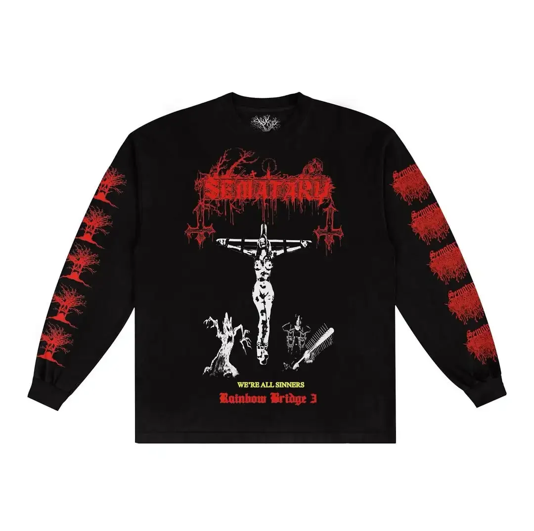 Haunted Mound Graphic t shirts Long Sleeve Men Casual Embroidery Shirt American Vintage Streetwear Y2k Tops Baseball Clothing