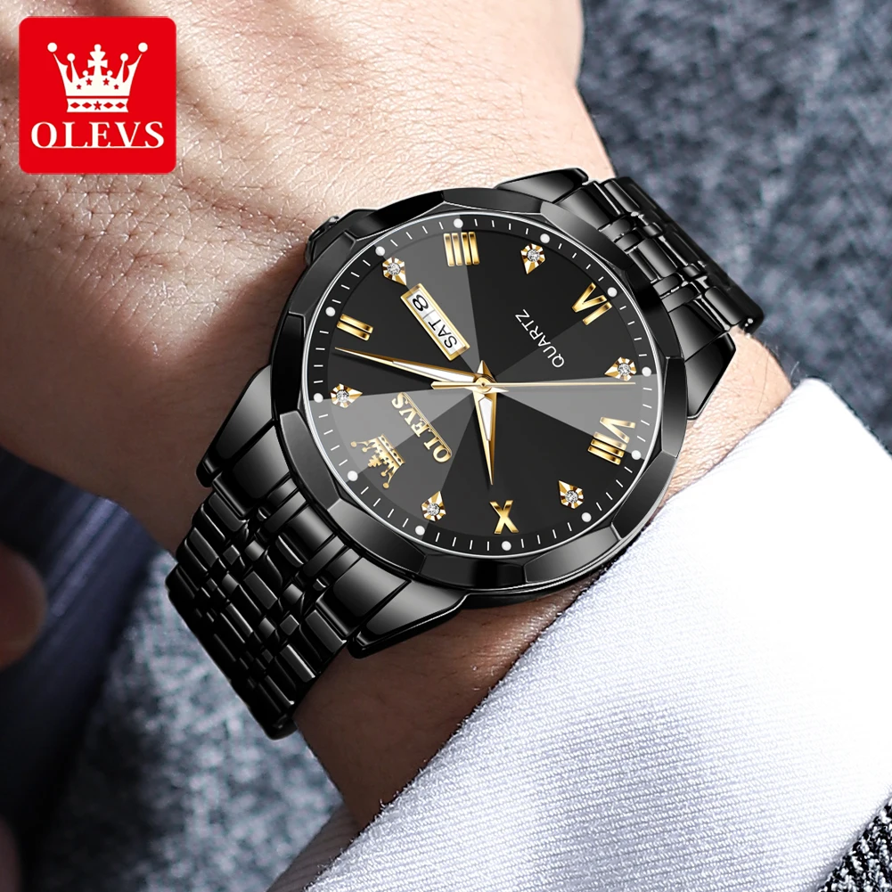 OLEVS 9931Quartz Watch for Men Rhombus Mirror Stainless Steel Waterproof Auto Date Week Clock Simplicity Luxury Men\'s Wristwatch