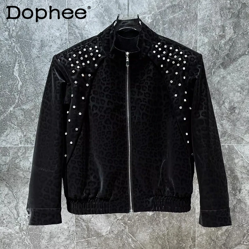 Men's 2026 Spring New Fashion Leopard Print Rhinestone Jackets Stylish Long Sleeve Handsome Unique Tops Male Zipper Shiny Coats