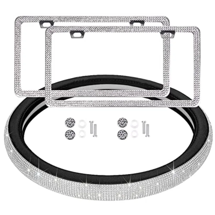 

3 PCS Bling Steering Wheel Cover License Plate Frames Rhinestone Car Accessories Set for Women