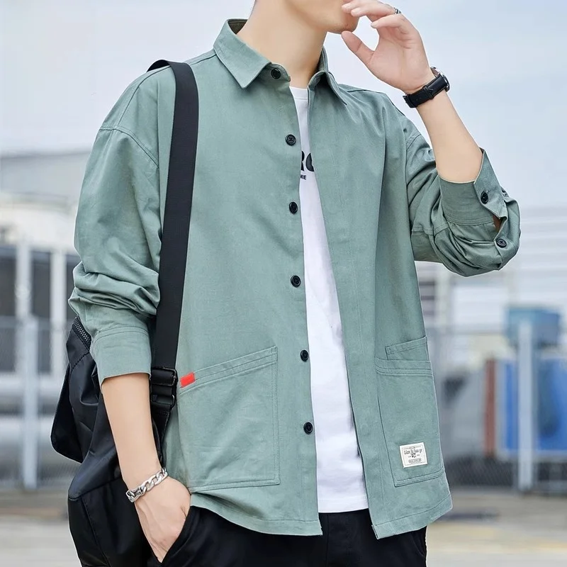 

Pure Cotton Workwear irt Men's Long Sve Spring 2024 Trendy Casual irt Jaet Men Loose Fit Button Detail