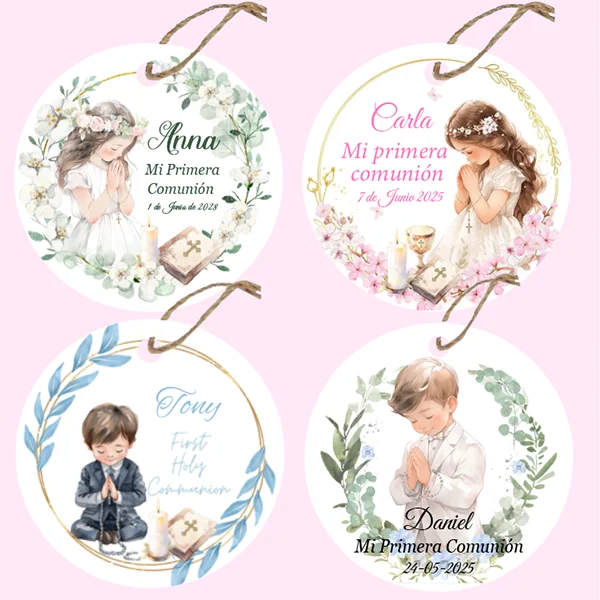 

Изготовленная на заказ бирка для первого Святого Причания, персонализированная этикетка с именем, крещение, детский душ для мальчиков и девочек, вечерние подарочные упаковки, декор