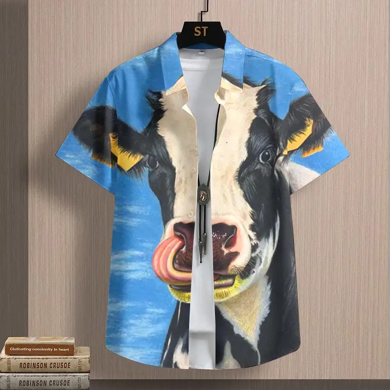 

Full Print Anime Cow Pattern Beach Shirts For Men Summer Casual Short Sleeved Button Up Hawaiian Shirts Blouse Men's Aloha Shirt