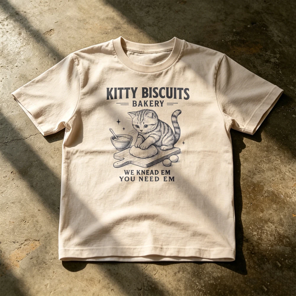 Cat Lover Graphic T Shirt Kitty Biscuits Bakery Funny Pun Slogan Kitten Kneading Dough Sketch Print Men Cat Owner Gift Tees
