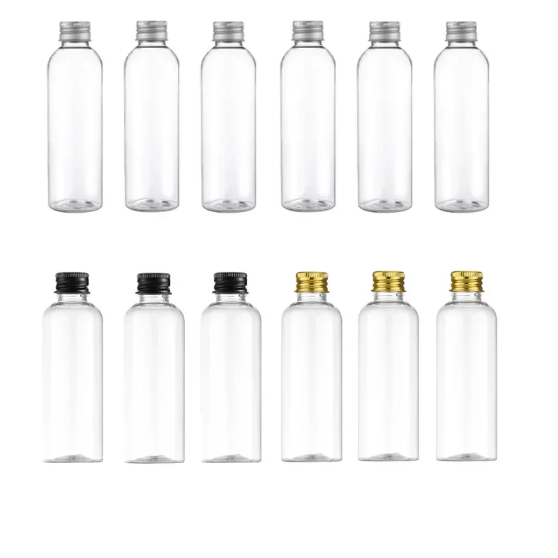 50Pcs 5ml-500ml Portable Round Aluminum Cap Bottle PET Plastic Bottle Liquid Skin Care Water Bottle with Black/Gold/Silver Lid