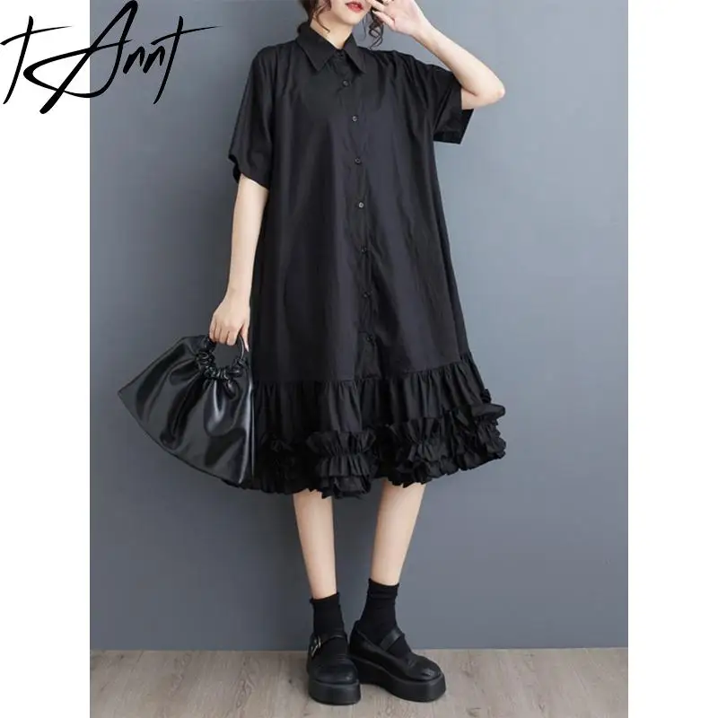 GetSpring Women Dress 2024 Summer Short Sleeve Single Breasted Ruffles Shirt Dress Fashion Solid All Match Loose Casual Dresses