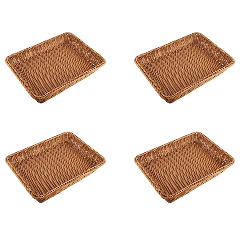 

Hot 4X Plastic Rattan Basket, Bread Basket Bread Shop Supermarket Display Basket Woven Tabletop Food Fruit Brown