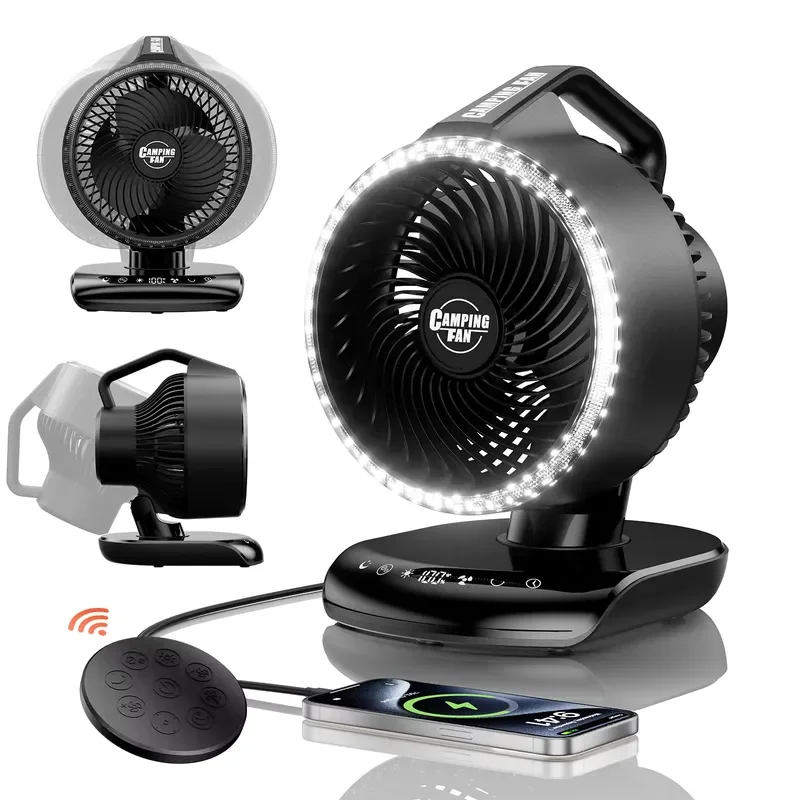 Rechargeable Portable Camping Fan with LED Light Large Capacity Battery Powered Desk Fan with Hooks for Outdoor Tent Hiking