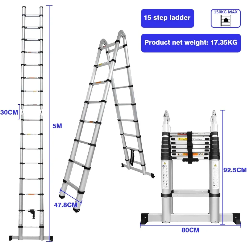 Aluminum Telescopic Extension Ladder 8.2FT A-Frame 2-in-1,Portable Multi-Purpose Folding with Balance Rod,8+8 Steps Adjustable