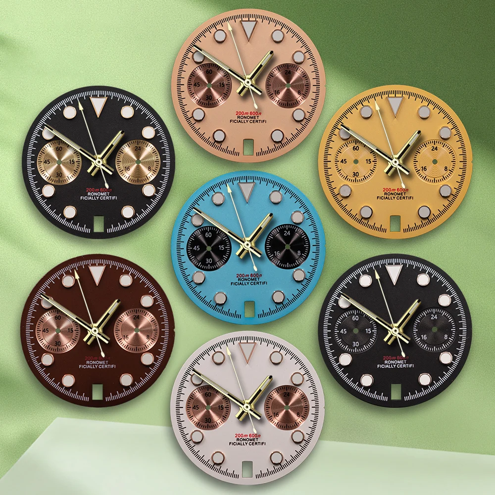 29.5mm logotipo s rosa panda vk63 mostrador 6 horas calendário sem mãos caber movimento vk63 verde luminoso relógio modificação acessórios