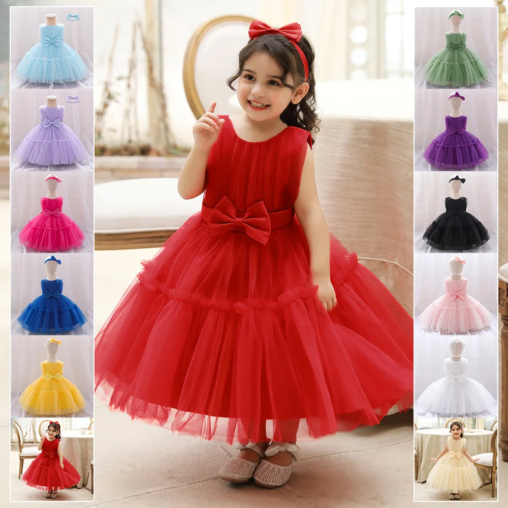 Baby Girls Lace 2pcs Birthday Party Dress Infant Summer Fluffy Evening Princess Gown Toddler Fashion Bow  Costumes New Clothing