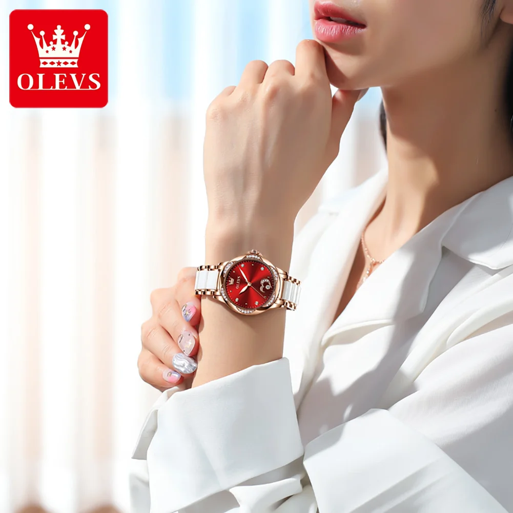 ساعة OLEVS 6631 ميكانيكية أوتوماتيكية للسيدات أنيقة فاخرة من الماس على شكل قلب هيكل عظمي تاريخ تلقائي للسيدات