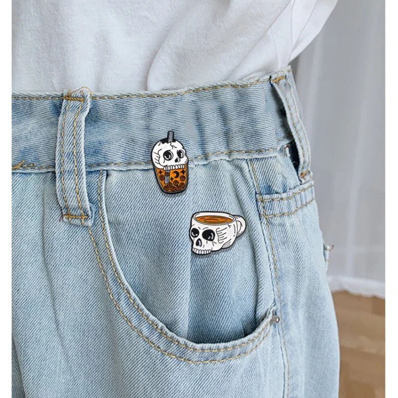 New Skull Coffee Cup Shape Cartoon Brooch Cartoon Punk Style Alloy Badge Pin DIY Clothing Bags Hat