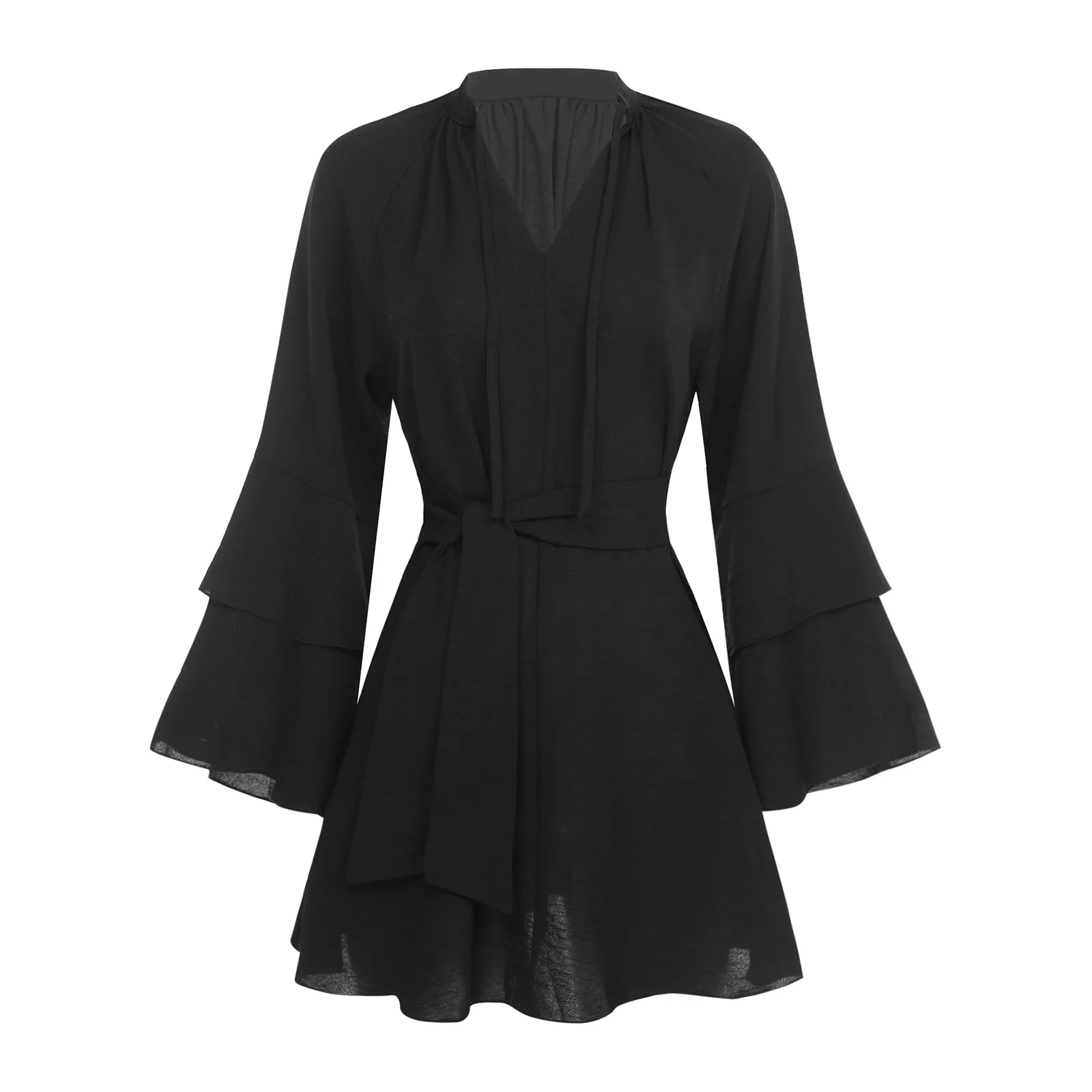 Mini robe irrégulière pour femmes, mode Streetwear, couleur unie, col en v, Robe de plage, à volants, manches longues, Robes de soirée