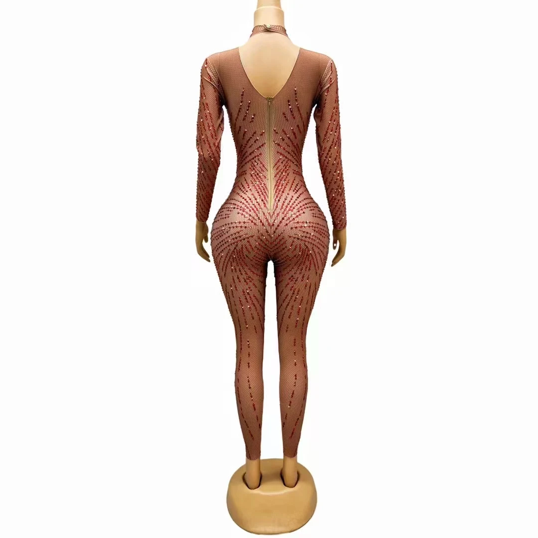 赤いラインストーンレオタードナイトクラブバーパフォーマンスダンス衣装女性の誕生日イブニングクラブパーティージャンプスーツセクシーなショーステージ着用