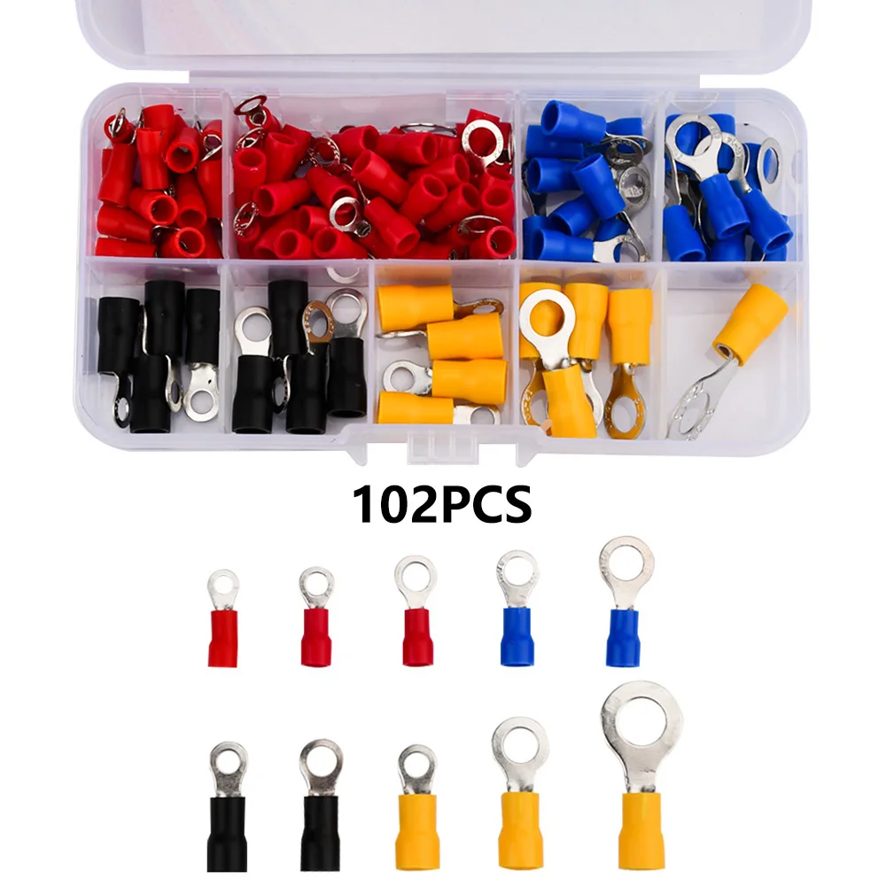 (102PCS 10Kinds RV) Ring Terminal Electrical Crimp Connector Kit Set With Box Copper Wire Insulated Cord Pin End Butt 1.25/2/3.5